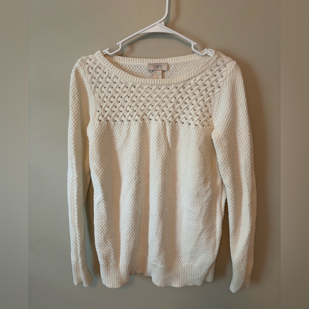 LOFT Cream Crew Neck Sweater with Crochet Detail